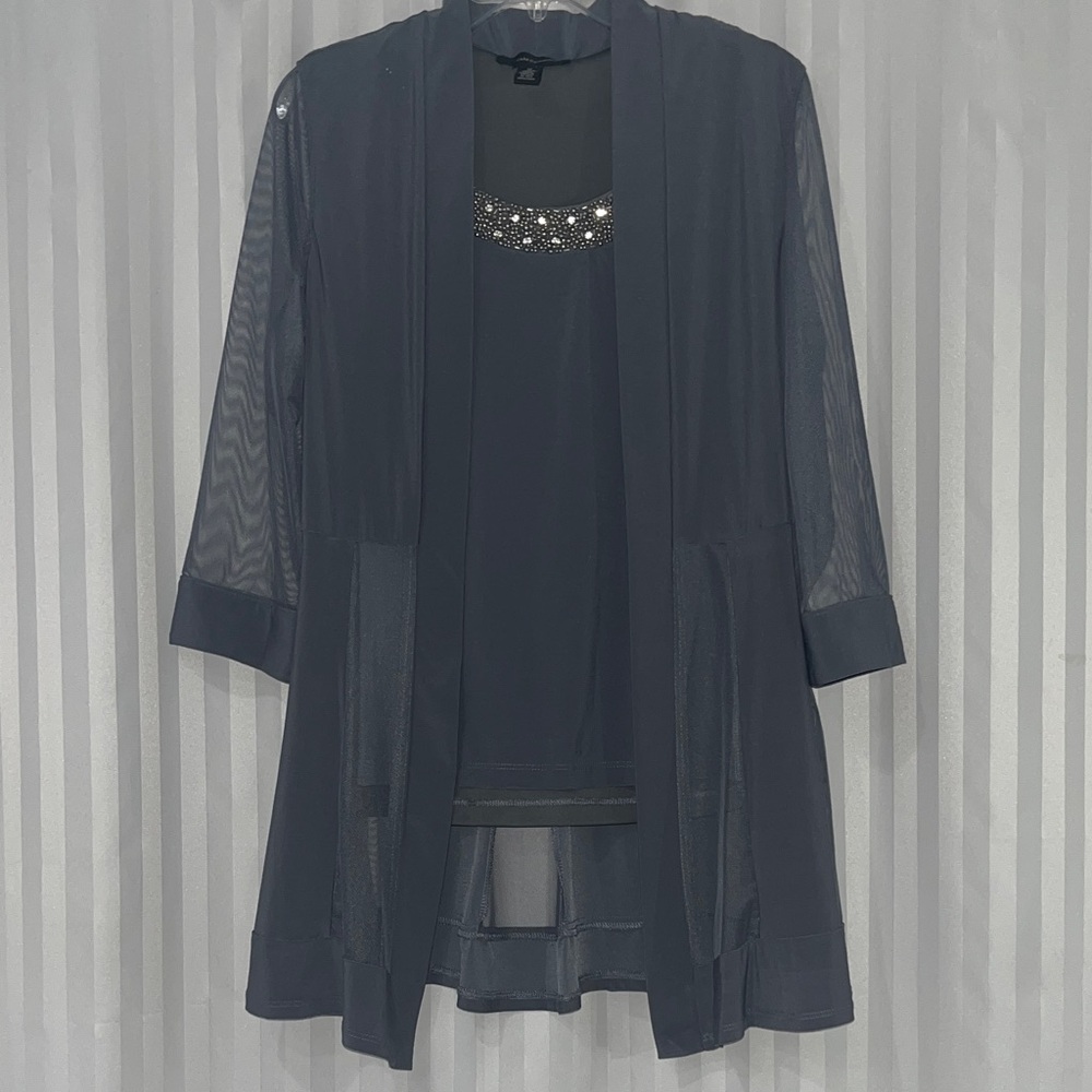 R&M Richards Gray 1-piece Sheer Panel Mock Jacket w/Tank (Beaded Collar Accent)